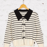 Cream-black Ribboned Stripes knitted blouse