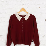 Cardigan din tricot cu guler din dantelă Miller vișiniu