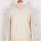 Cardigan din tricot cu guler din dantelă Miller crem