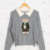 Pulover cu guler si broderie Benny gri