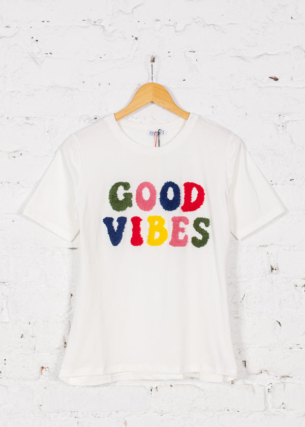 Tricou alb cu aplicație text Good Vibes