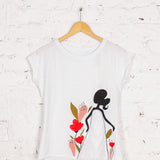 Tricou pictat și deșirat "Femme" alb
