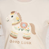 Tricou cu aplicație brodată Lucky din bumbac bej